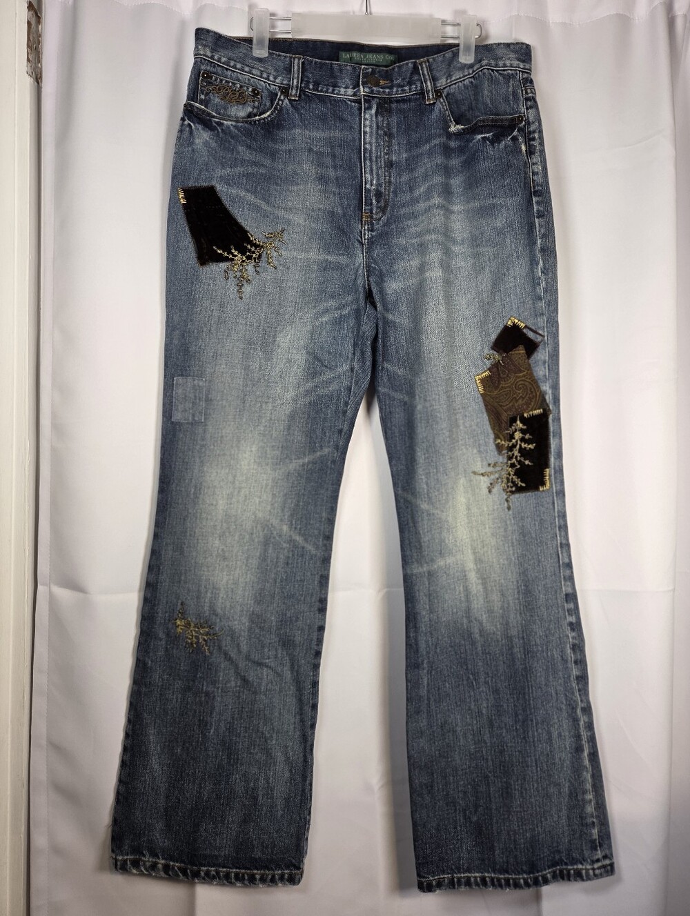 Ralph Lauren Jeans Co Patchwork Velvet Bootcut Denim Blue Jeans Womens 12 Petite
